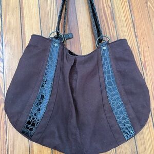 Classic Brown Tote Bag with Black Croc-Embossed Trim